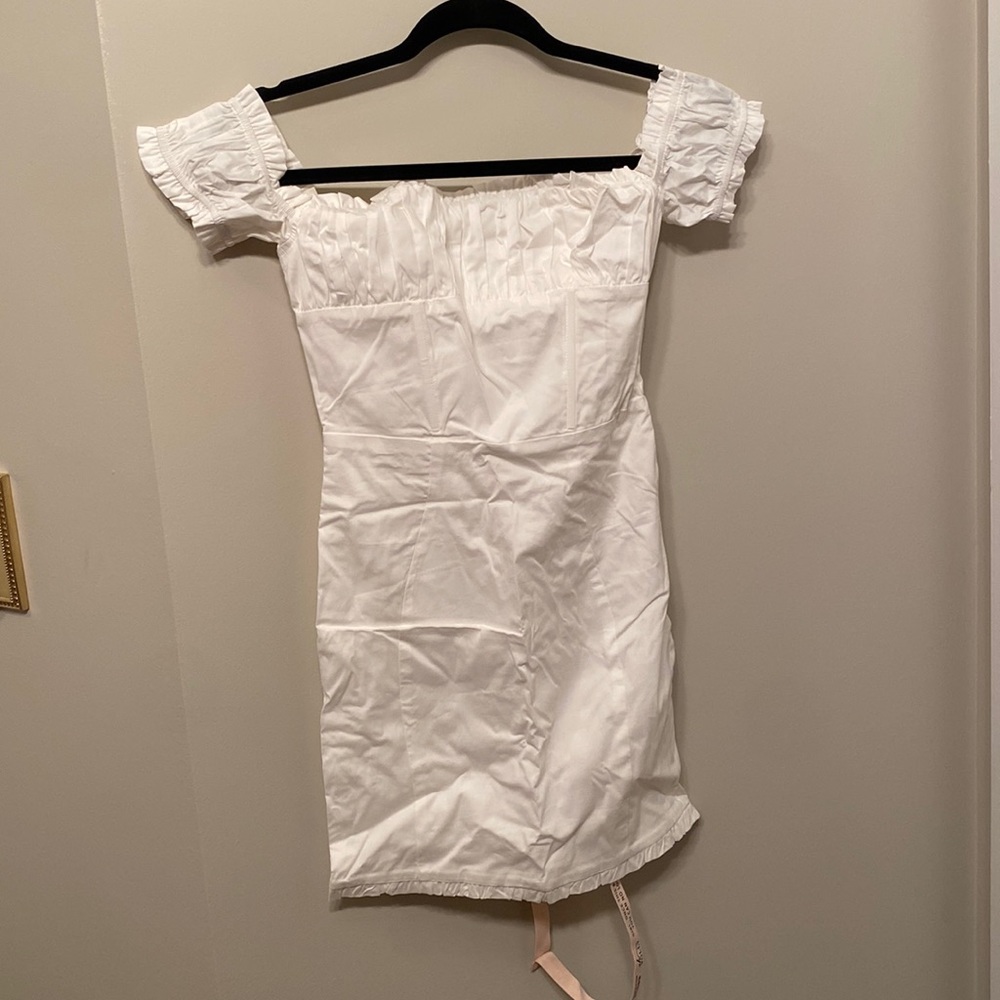 OHPOLLY Treasured Love Ruched Bodycon Bardot Mini Dress in Oyster White